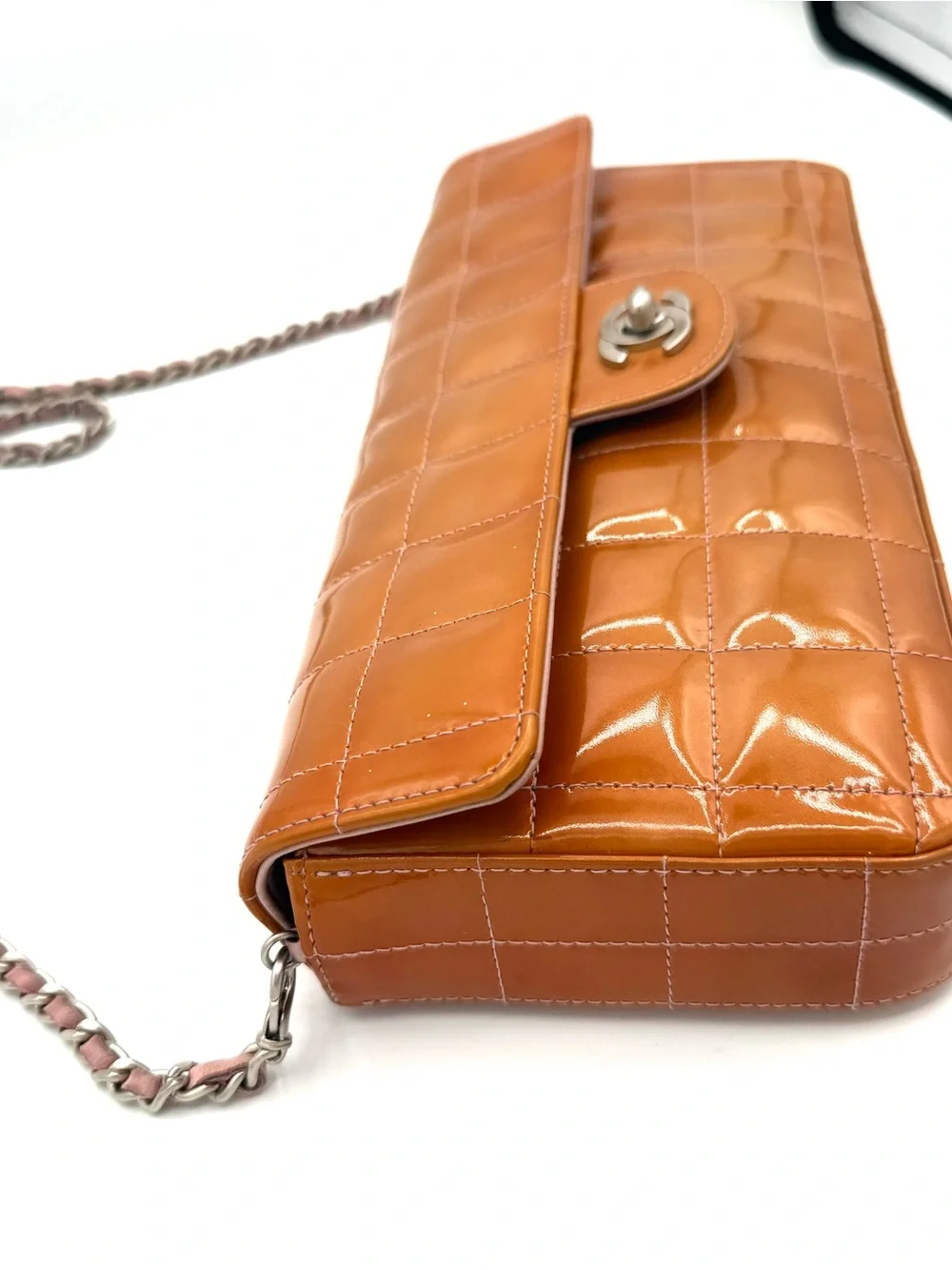 CHANEL Quilted Orange Patent Leather Chocolate Bar CC Flap Bag